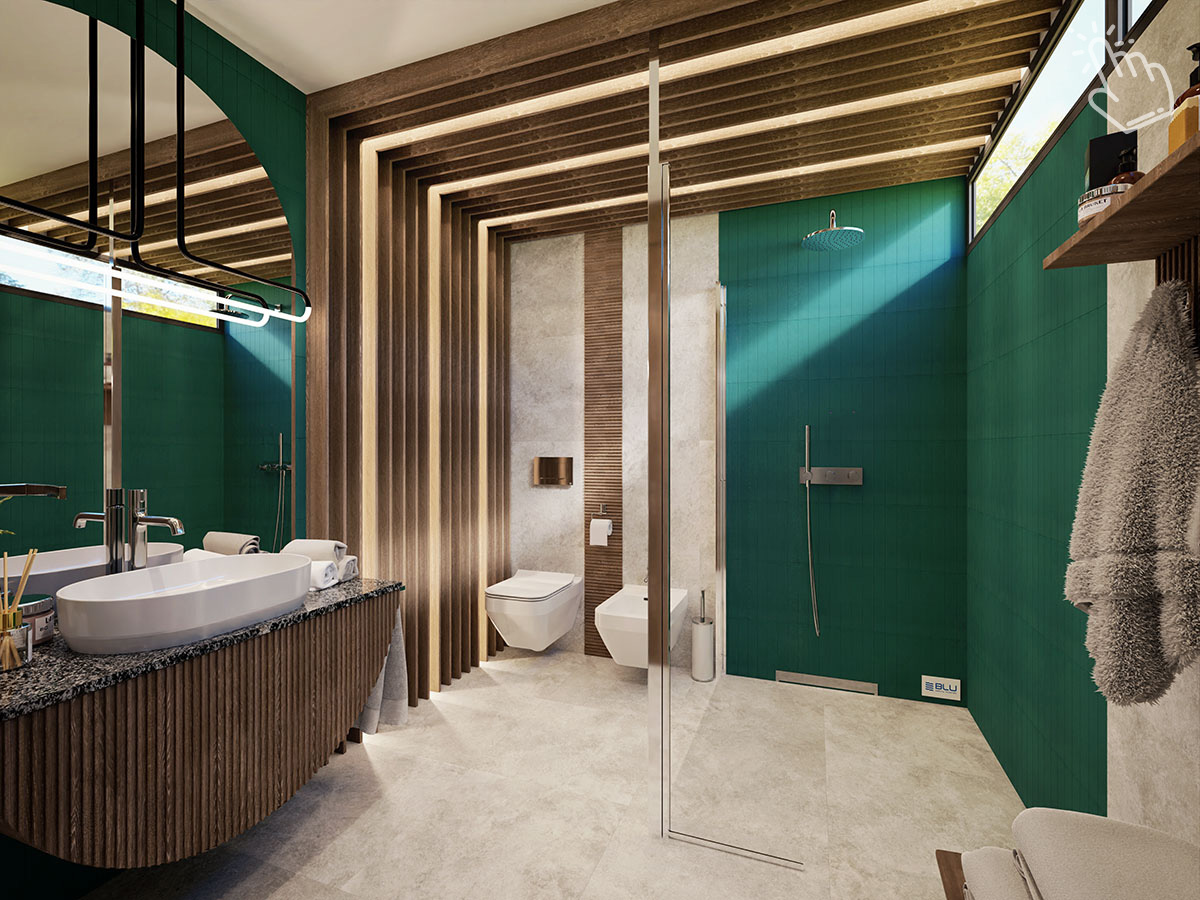 Zielona łazienka z kabiną prysznicową IÖ Larso.